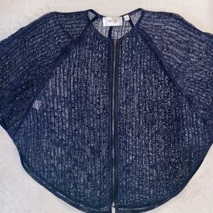 Per Se by Carlisle woven navy leather open mesh zip front cardigan poncho NWOT